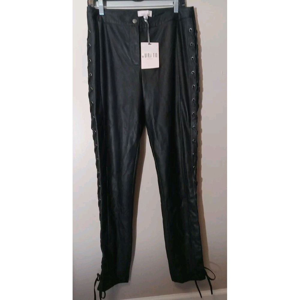 Long Tall Sally Women Black Faux Leather  Lace‎ Up Sides Trousers Pants Size 8